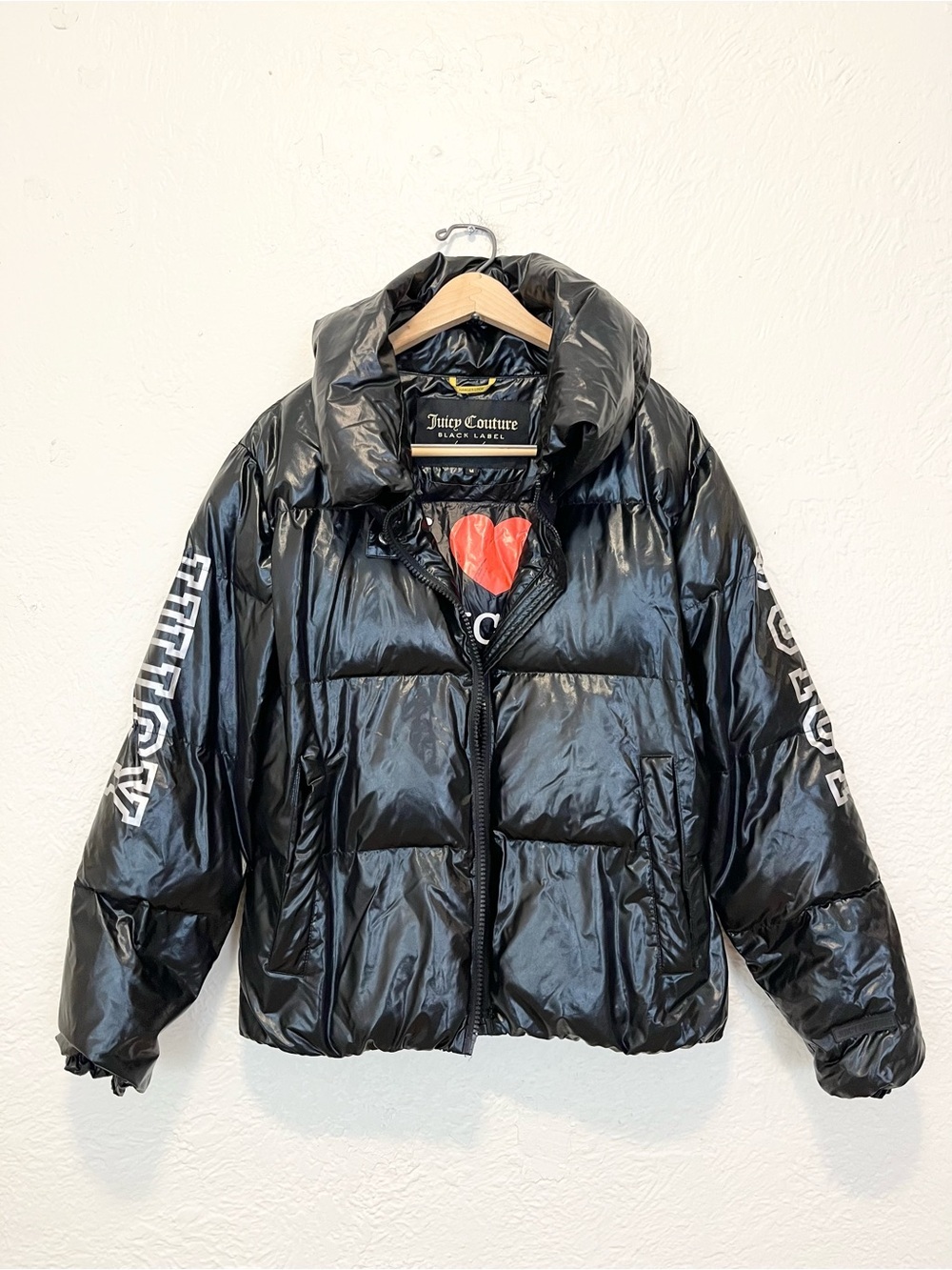 Vintage Juicy Couture Down Puffer Jacket Coat Black Shine 90s Y2K Medium M